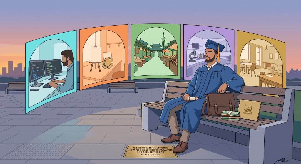 A modern college graduate navigating unlimited career paths and tech industry opportunities