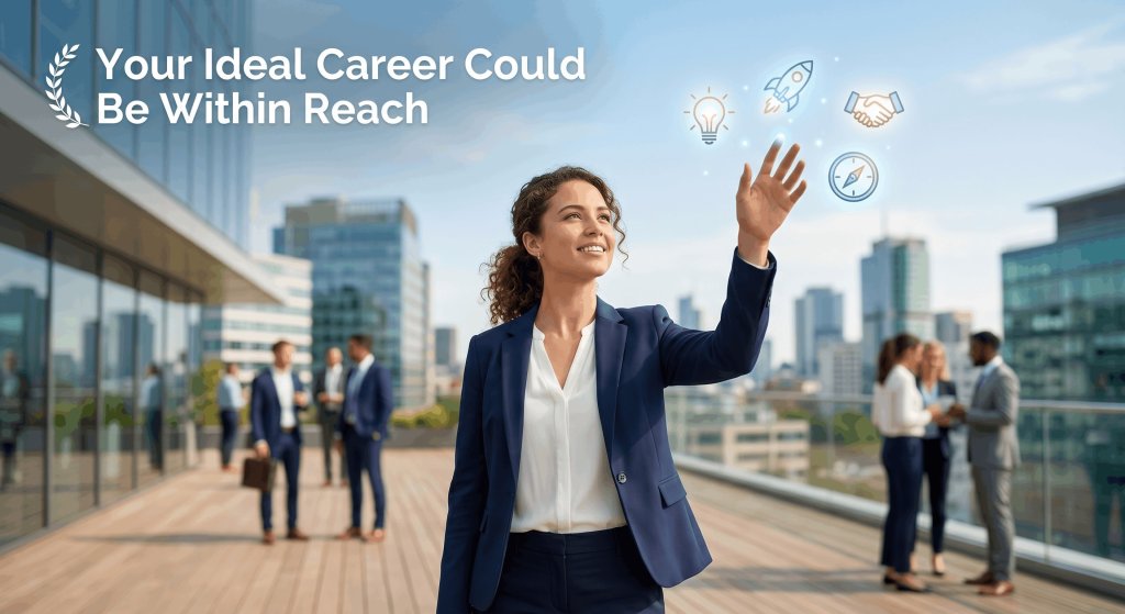 A professional woman in a navy blue suit on a rooftop corporate terrace looking up and reaching toward glowing digital icons representing innovation, career growth, mentorship, and direction with a city skyline in the background.