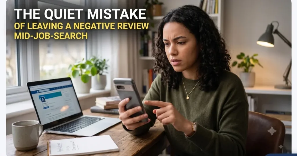 Person typing a company review on a smartphone while looking frustrated and concerned.